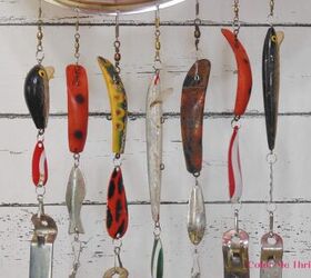 upcycled fishing lures hanging from fish jello mold wind chime