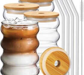 coffee station essentials, 5 Drinking Glasses with Bamboo Lids and Glass Straw