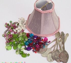 upcycled lampshade wind chime, Supplies for lampshade windchime project inlcude thrifted necklaces and spoons