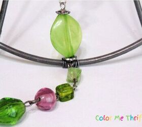 upcycled lampshade wind chime, attaching top and bottom necklace sections with wire onto lampshade frame