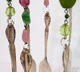 upcycled lampshade wind chime, split rings used to hang spoon chimes from the hanging necklace sections