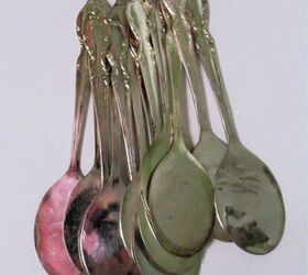 upcycled lampshade wind chime, twelve silver plate spoons flattened and drilled with holes to use as chimes