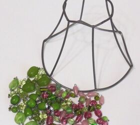 upcycled lampshade wind chime, metal lampshade frame and thrifted necklaces for repurposed lampshade wind chime