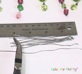 upcycled lampshade wind chime, cutting wire pieces to attached necklace sections to lampshade wire frame