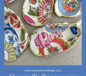 decoupage shells as wall art diy oyster shell flowers, Decoupage oyster shells with a colorful inner pattern