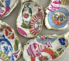 decoupage shells as wall art diy oyster shell flowers, Five gold rimmed decoupage shells