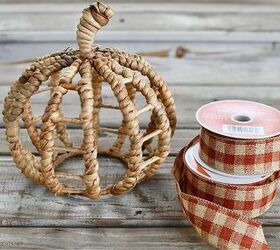 Wrap plaid ribbon through jute pumpkins for this 10-minute whimsical fall tablescape