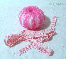 lace and ribbon pumpkins makeover, Mini dollar store pumpkin covered with pink lace