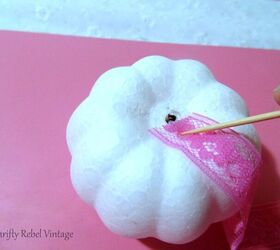 lace and ribbon pumpkins makeover, gluing lace onto styrofoam dollar store pumpkins