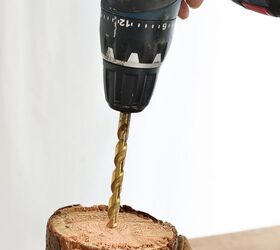 Drill a hole in a piece of firewood for this easy, rustic and FREE seasonal idea