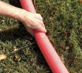 She brings a pool noodle outside to add a touch of Christmas cheer to her home
