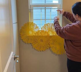 kitchen window decor, Felt placemats hung from curtain clips to create a layered look