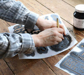 help organize your home with unique ceiling fan blade coat hooks, Adding stencil details to the burlap