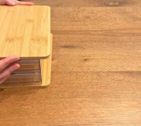 diy stackable drawers and cutting board organizer, The second bamboo board acts as a stylish top shelf