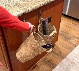 Hanging baskets create a clutter drop zone without taking up counter space