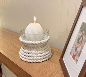Finished DIY rope candle holder made from Dollar Tree bowls 