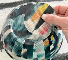leftover wallpaper scraps turn them into this beautiful decorative bo, Glueing round pieces of wallpaper to the bottom of the DIY wallpaper bowl