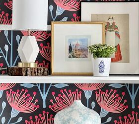 leftover wallpaper scraps turn them into this beautiful decorative bo, A bookcase lined with red floral wallpaper
