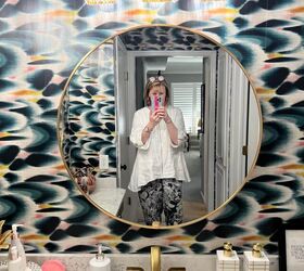 leftover wallpaper scraps turn them into this beautiful decorative bo, A bathroom wallpapered in an abstract pattern