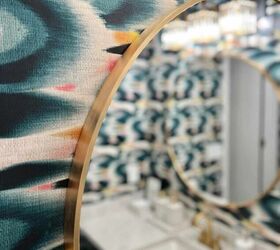 leftover wallpaper scraps turn them into this beautiful decorative bo, Blue ivory and pink wallpaper behind a round mirror with a gold frame