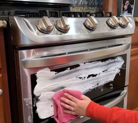 Cleaning greasy oven door buildup with shaving cream at home