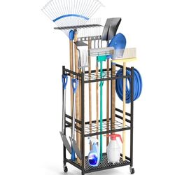 DAOUTIME Garden Organizer With Wheels, Yard Tower Rack for Garage Storage, Up to 35 Long-Handled Tools, Sturdy Metal Steel Holder With 3 Hooks, Outdoor, Black