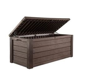 Keter Westwood 150 Gallon Deck Box Organizer, Doubles as 2-Person Bench Seat, Brown – Large Resin Outdoor Storage and Seating with Lockable Lid for Garden, Pool, and Patio