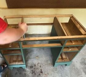 how to turn an old desk into an extra large diy craft desk, Prying off front molding
