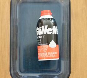She sprays shaving cream on a baking dish for a really fun idea