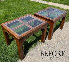 She takes the glass off these old tables and adds THIS to really make it look spectacular