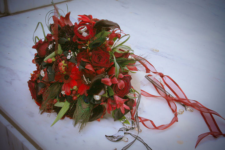 a scarlet wedding bouquet with beloved sparkles by sk sartell, flowers, gardening, The hanging ribbons were embellished with more sacred emblems of her life