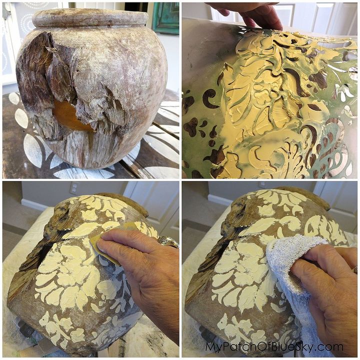 vaso de teca redesenhado usando wood icing para textura, Comece com um peda o de madeira limpo e trabalhe a Pasta de Textura atrav s do est ncil com uma esp tula Depois de seco lixe e limpe