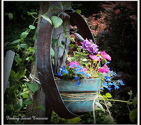 decorating my yard budget friendly way to bring color to your landscape use your, flowers, gardening, repurposing upcycling, Wine Barrel Ring and Aged Clay Flower Pot