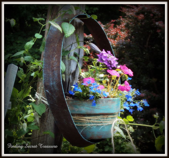 decorating my yard budget friendly way to bring color to your landscape use your, flowers, gardening, repurposing upcycling, Wine Barrel Ring and Aged Clay Flower Pot