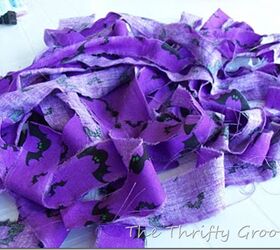 make a halloween fabric wreath, crafts, halloween decorations, repurposing upcycling, seasonal holiday decor, wreaths, I tore strips of the different fabrics I wanted to use