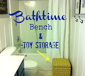 storage cube makeover using just a yard of fabric and staple gun, bathroom ideas, cleaning tips, painted furniture, Bench for when we bath the kids and doubles as bath toy storage