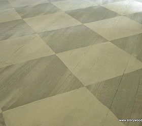 painted old hardwood floors in a whitewashed checkerboard, chalk paint, flooring, hardwood floors, painting, A closeup of the checkerboard pattern after