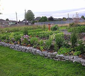 recycling concrete driveways into a beautiful rock garden wall, concrete masonry, flowers, gardening, landscape, perennial, repurposing upcycling, Summer blooms in the rock garden Sun loving perennials were planted but she is still adding and moving plants around