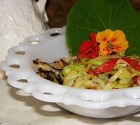 nasturtiums, gardening, How beautiful are these nasturtiums as a garnish next to my sauteed cabbage and roasted red peppers