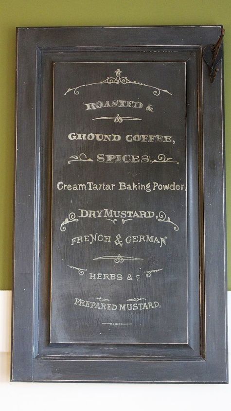 new coffee sign from an old cabinet door, chalkboard paint, crafts, repurposing upcycling, A coat of ASCP in Graphite gives it a chalkboard look Using sewing carbon paper in yellow I traced the lettering and then filled it in with a white paint pen