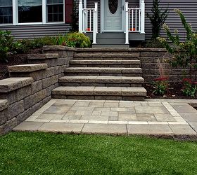 retaining wall and landscaping, concrete masonry, landscape, outdoor living, by splitting in two levels and deeper treads walking this many steps feels easier