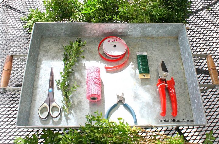 diy boxwood mini wreaths, crafts, seasonal holiday decor, Materials boxwood clippings green florist wire red ribbon red and white baker s twine Tools clippers wire cutters