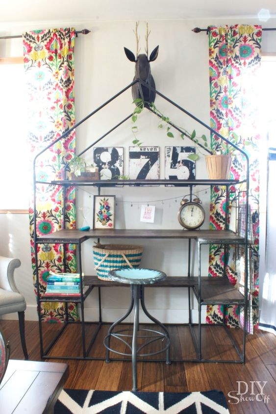 eclectic family room makeover, home decor, living room ideas, repurposed greenhouse desk workspace