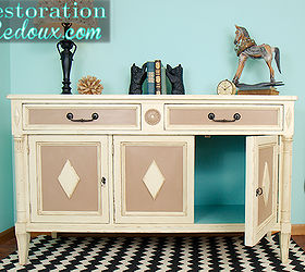 thrift store buffet turned painted tv console, painted furniture, Cabinet pops of blue