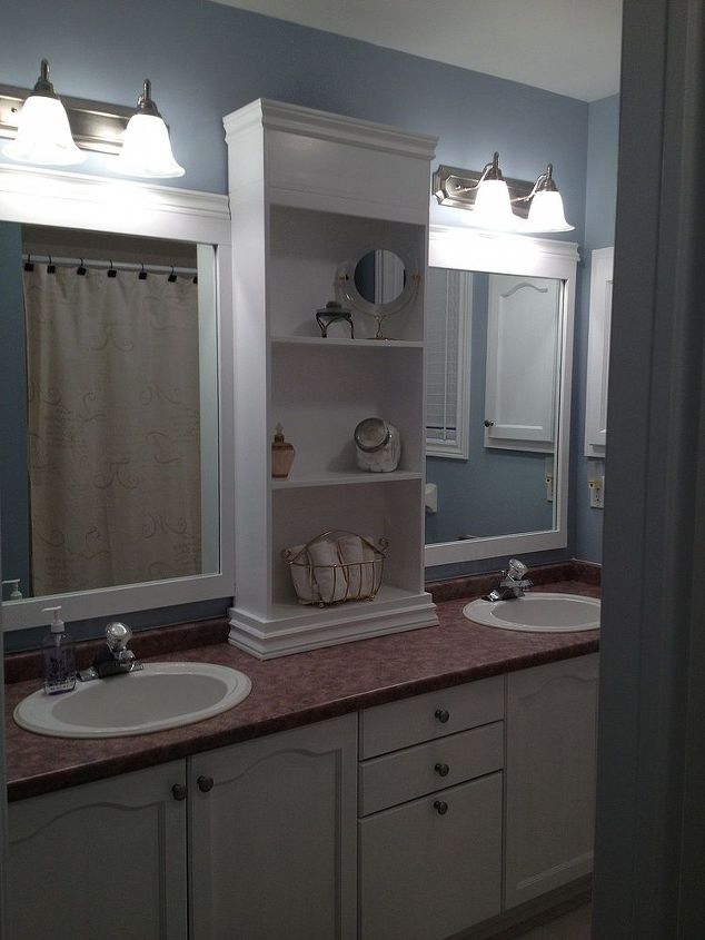 large bathroom mirror redo to double framed mirrors and cabinet