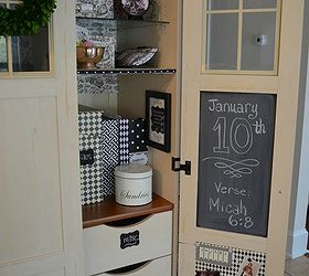 my decorated and organized computer armoire workstation, craft rooms, home office, organizing, Chalkboard paint and corkboard panels covered with scrapbook paper make the door a great memo board