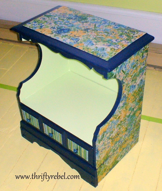 decoupage with fabric night table makeover, painted furniture, Decoupaged Night Table After
