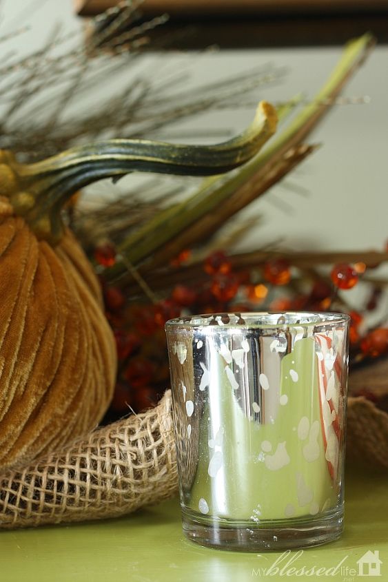 create a layered fall table display, seasonal holiday decor, Closeup of the mercury glass votives