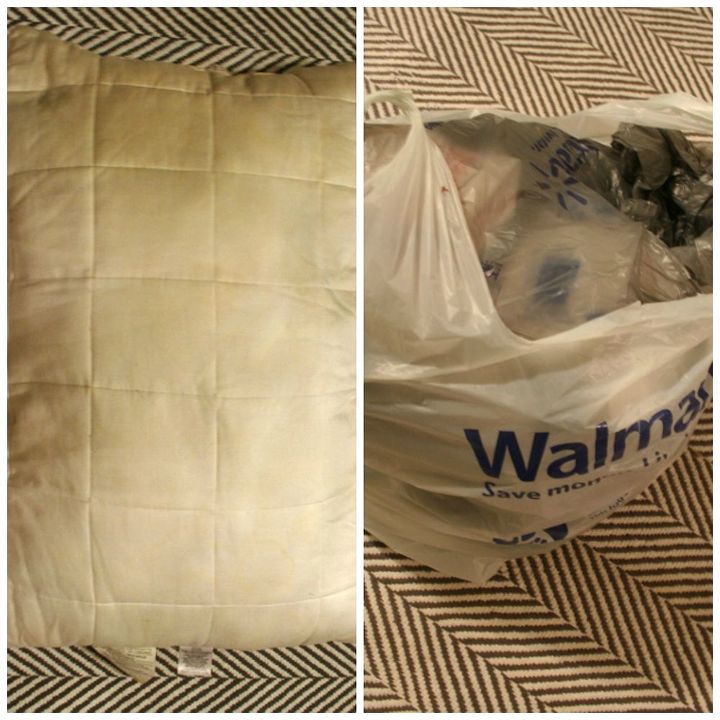 make throw pillows with plastic bag stuffing, crafts, home decor, Here is what I used to fill the pillows plastic bags and an old sleeping pillow