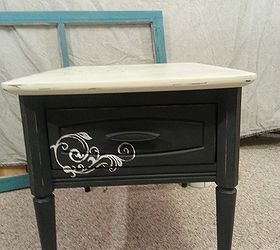 side table with a leafy scroll, painted furniture, side view